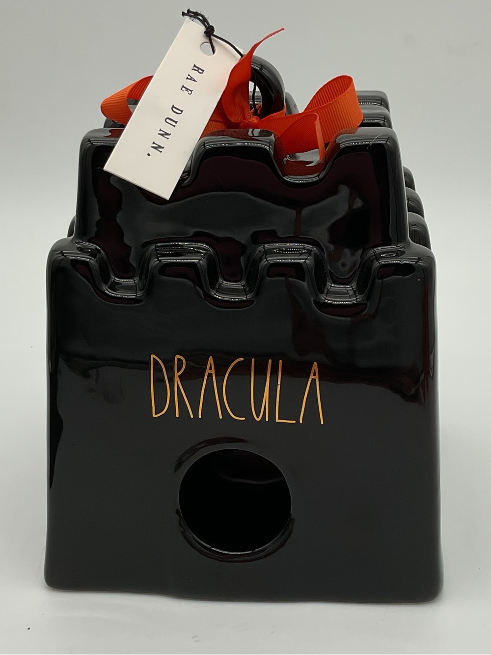 Rae Dunn Black Ceramic Castle Bird House ‘Dracula' with Orange Accents